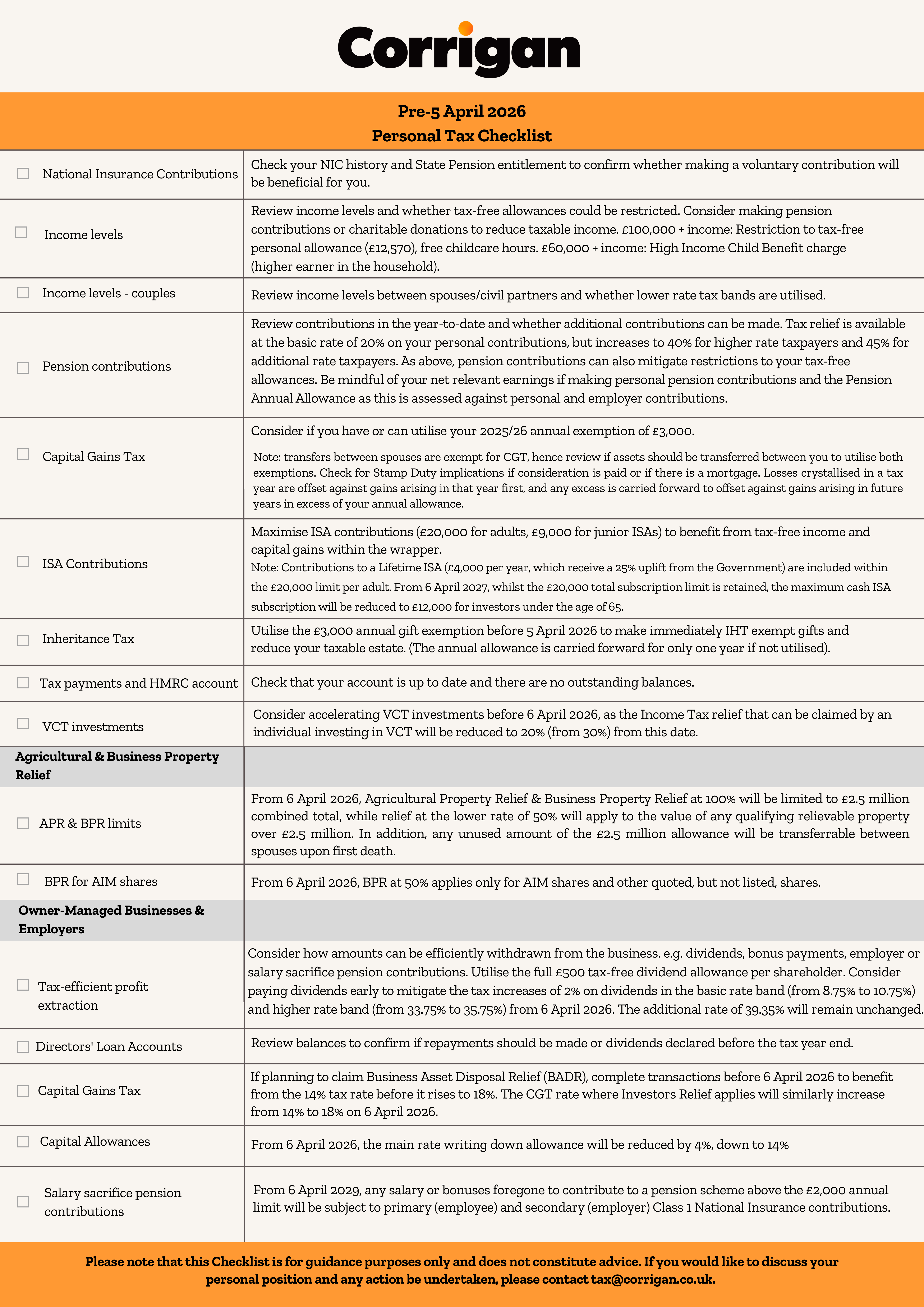 Personal Tax Checklist - Pre 5 April 2026